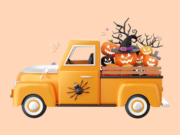 PSD halloween truck with jack o lantern pumpkin halloween theme elements 3d illustration