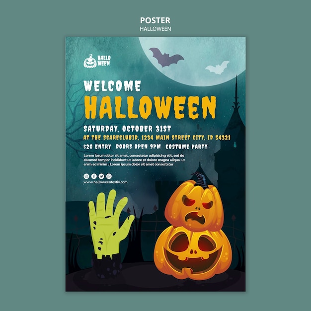 Modello di stampa verticale di Halloween con zucche e mano mostruosa