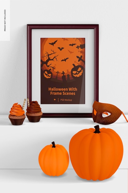 PSD halloween with frame scene mockup, on surface