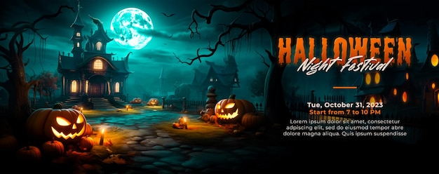 PSD halloween with mansion and pumpkin background 3d cartoon landscape banner