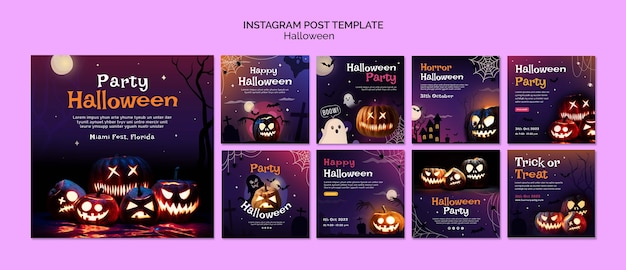 PSD halloweenowa kolekcja postów na instagramie z przerażającymi dyniami