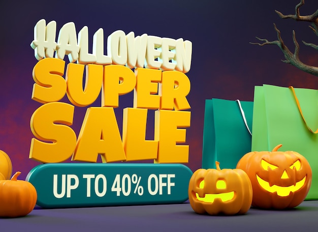 Halloweenowa Super Wyprzedaż Makieta Z Dyniami I Torbami Na Zakupy W Renderowaniu 3d