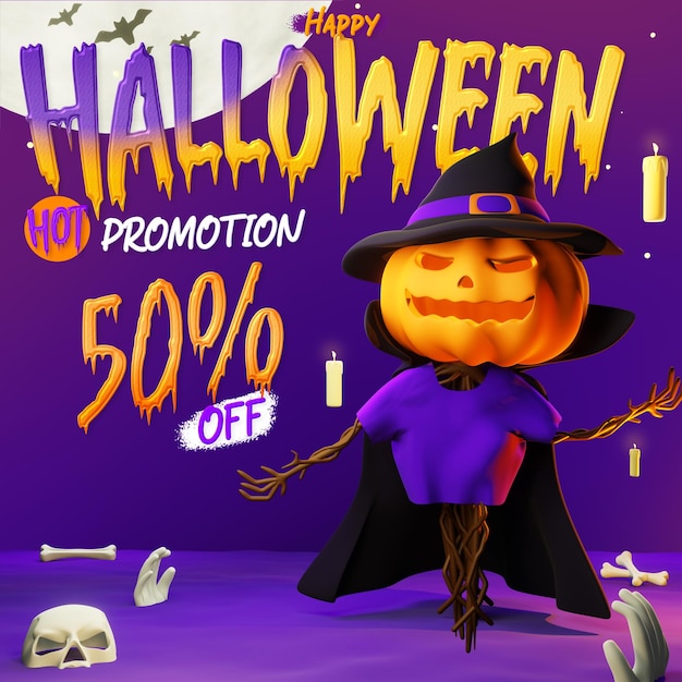 Halloweenowy Szablon Postu W Mediach Społecznościowych Z Postaciami 3d Dyniowego Stracha Na Wróble