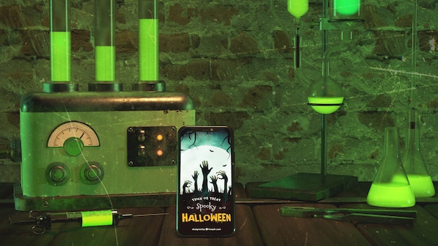 Halloweenowy układ z smartphone i starą maszyną