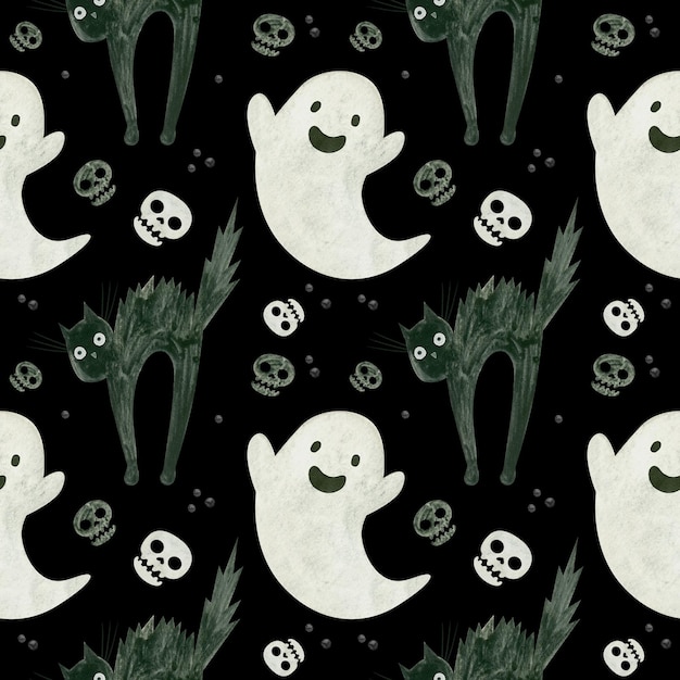 Halloweenowy wzór z uroczymi czaszkami duchów przestraszonego czarnego kota Straszne tło PSD