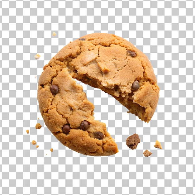 Halve gekookte koekje met chocoladerepen, knapperig gebakken koekje op een doorzichtige achtergrond