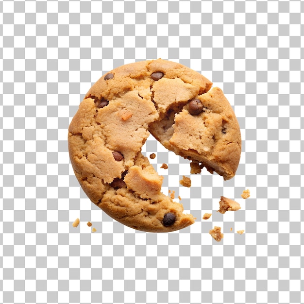 Halve gekookte koekje met chocoladerepen, knapperig gebakken koekje op een doorzichtige achtergrond