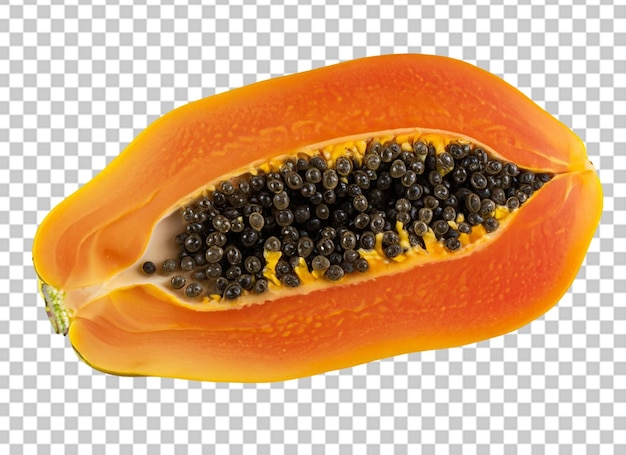 Halve rijpe papaya met geïsoleerde zaden op een doorzichtige achtergrond