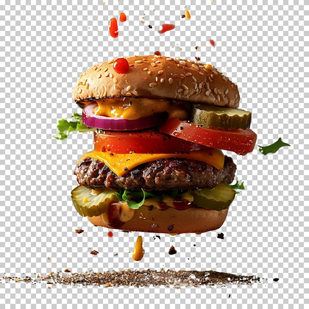 Hamburger and burger with flying elements isolated on transparent background