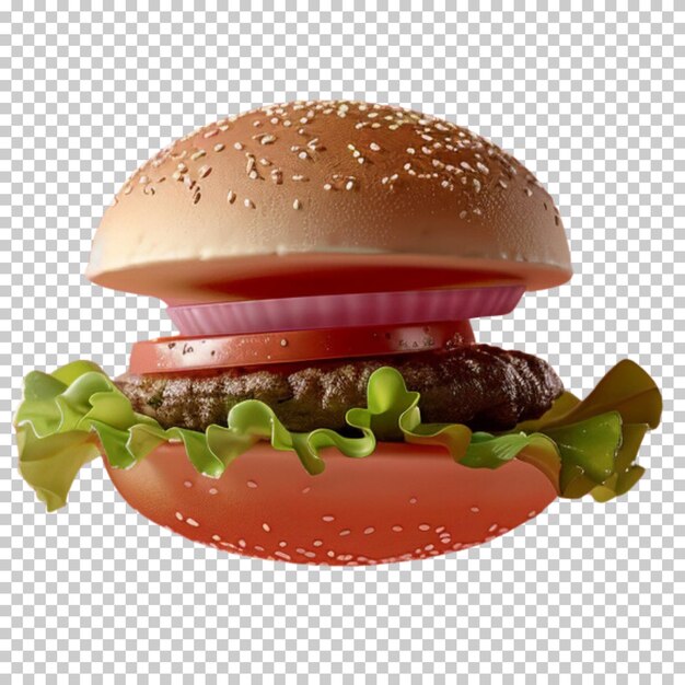 Hamburger and burger with flying elements isolated on transparent background