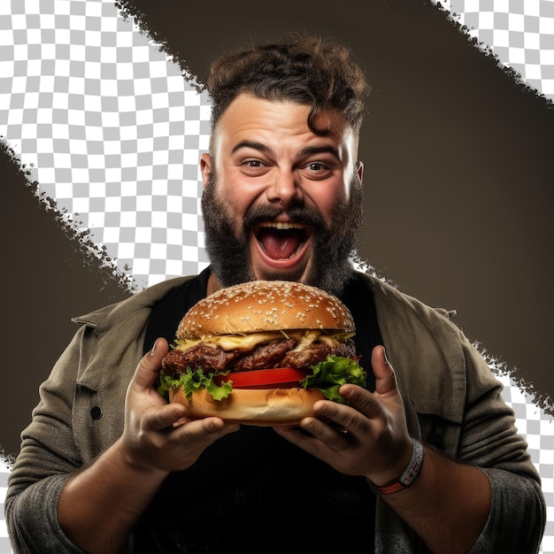 Uomo barbuto che mangia hamburger affamato isolato su uno sfondo trasparente