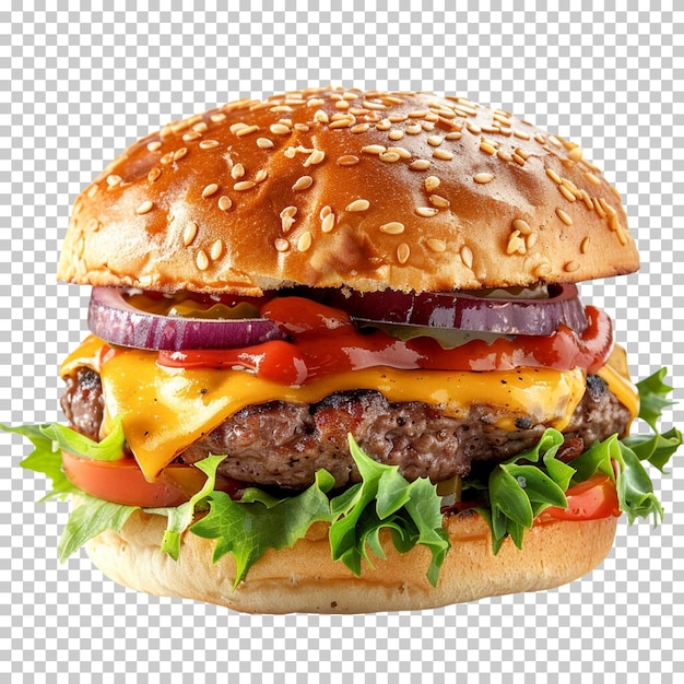 Hamburger en burger met vliegende elementen geïsoleerd op een doorzichtige achtergrond