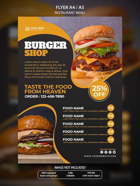 PSD hamburger eten menu a4 a5 sjabloon
