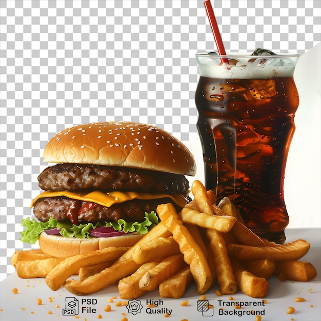 Un hamburger e delle patatine fritte con una bevanda su uno sfondo trasparente