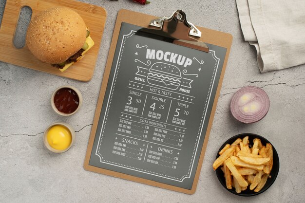 Hamburger menu mock-up with tasty food