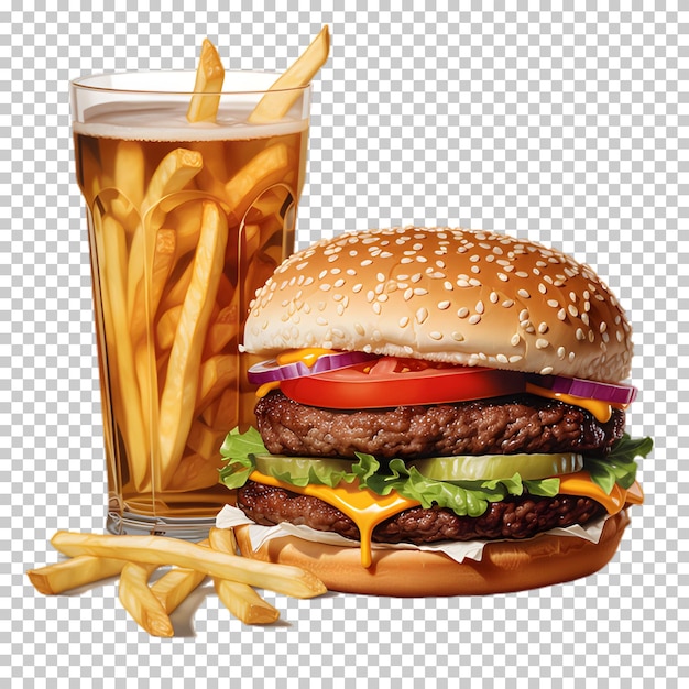 Hamburger met koud drankje geïsoleerd op een doorzichtige achtergrond