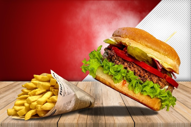 A hamburger and a paper that says'fast food'on it