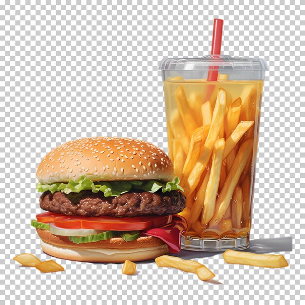 PSD hamburger with cold drink isolated on transparent background