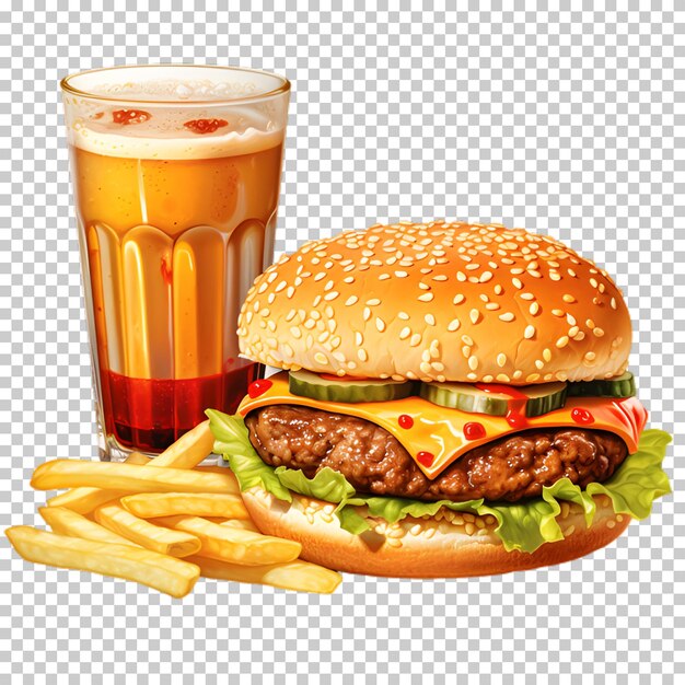 PSD hamburger with cold drink isolated on transparent background