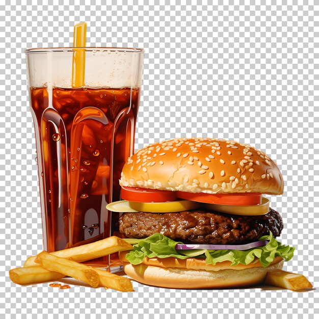 PSD hamburger with cold drink isolated on transparent background