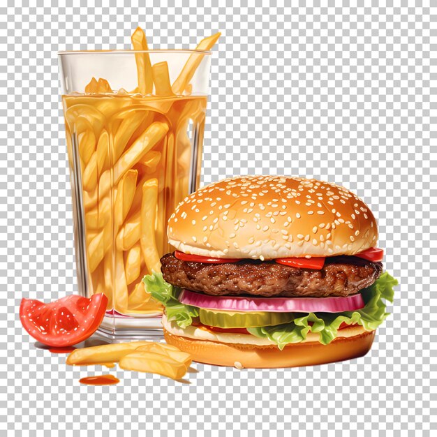 PSD hamburger with cold drink isolated on transparent background