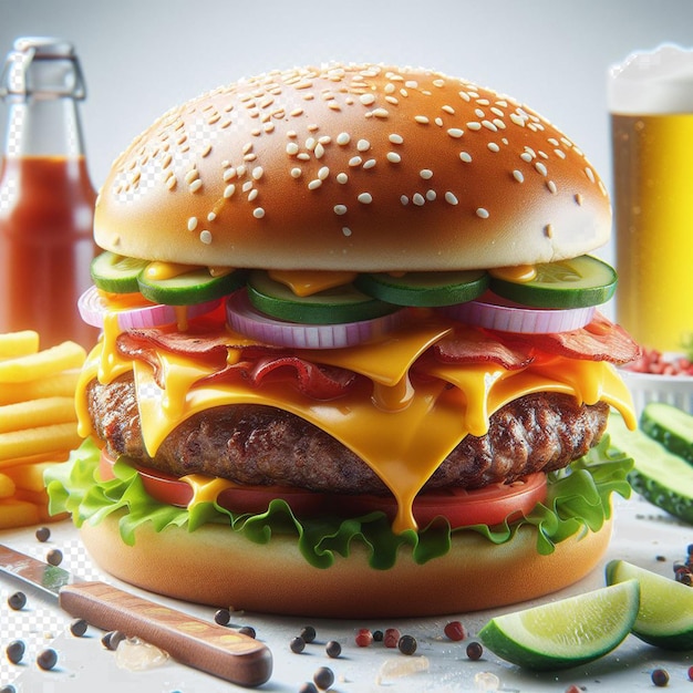 PSD a hamburger with a drink and a bottle of beer