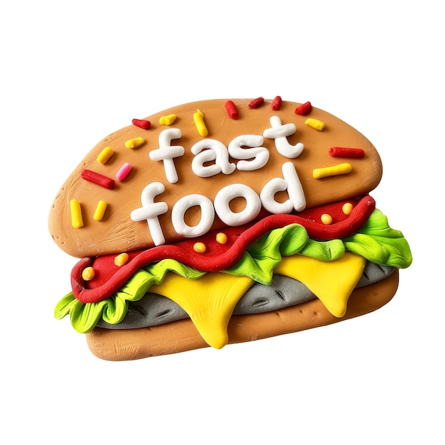 a hamburger with the word fast food on it