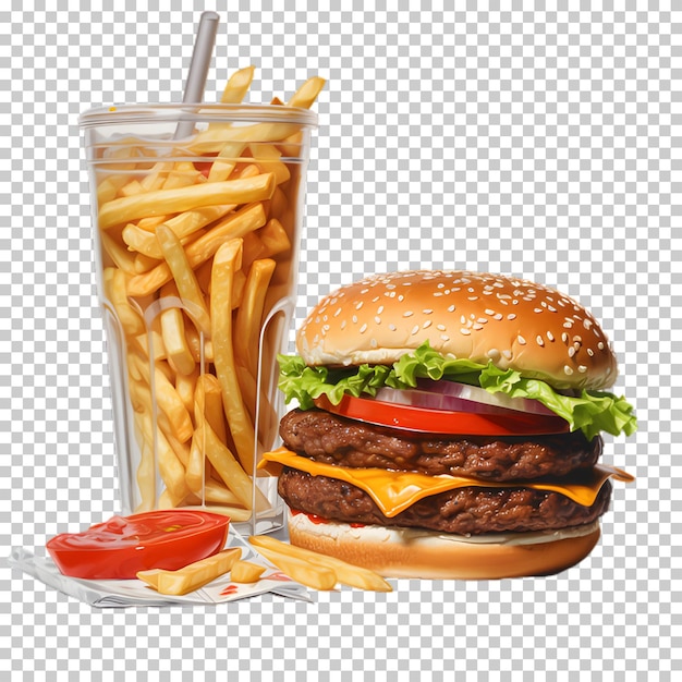 PSD hamburger z zimnym napojem izolowany na przezroczystym tle