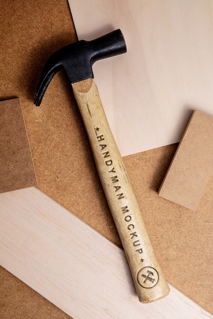 PSD hammer with engraved text effect mock-up on wooden handle