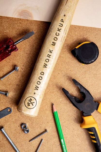 PSD hammer with engraved text effect mock-up on wooden handle