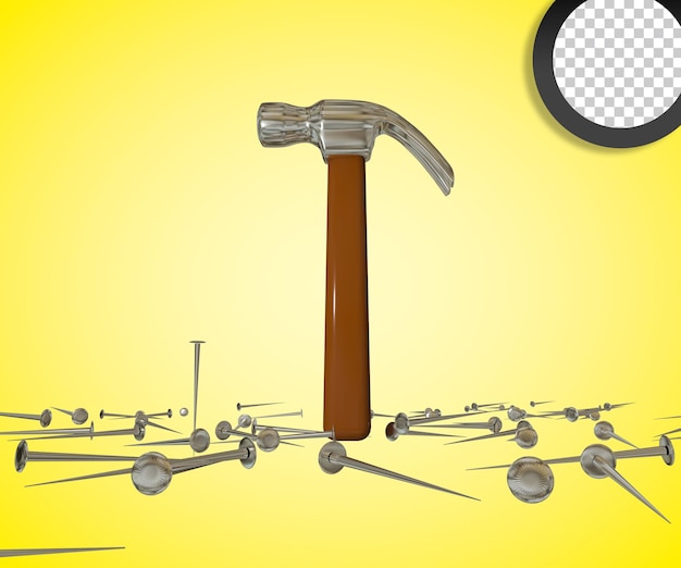 PSD hammer with nails 3d render with png transparent background