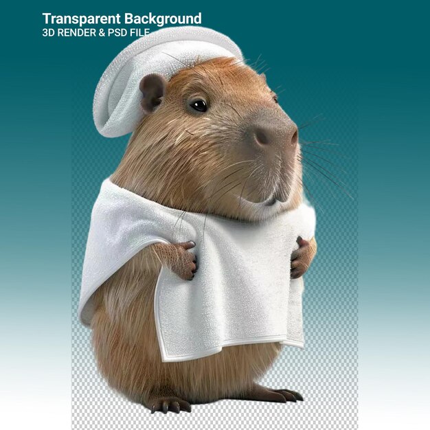 PSD a hamster with a hat on his head holds a towel in front of a blue background