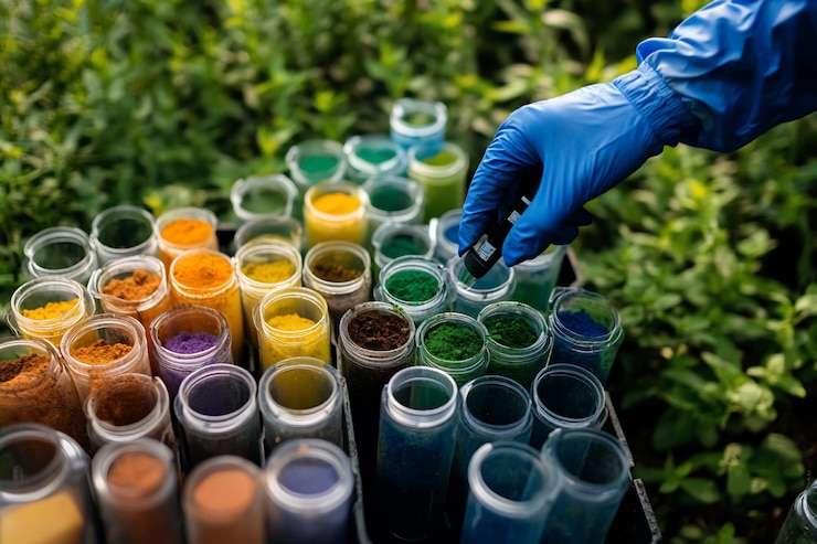PSD hand in blue glove selecting colored powder from small containers