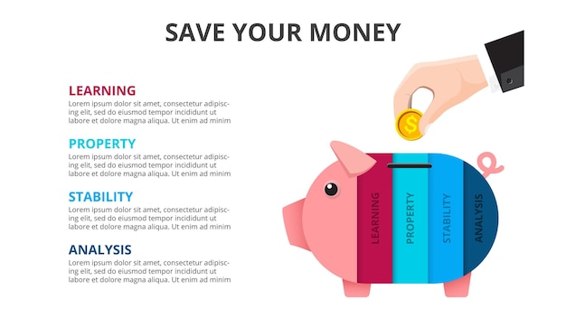 PSD the hand of a businessman throwing coin into piggy bank saving money infographic with 4 options