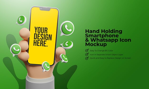 Mano in stile cartone animato che tiene smartphone con mockup schermo modificabile logo whatsapp