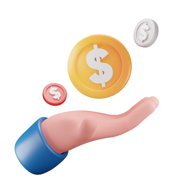 Hand and coins 3d icon for money