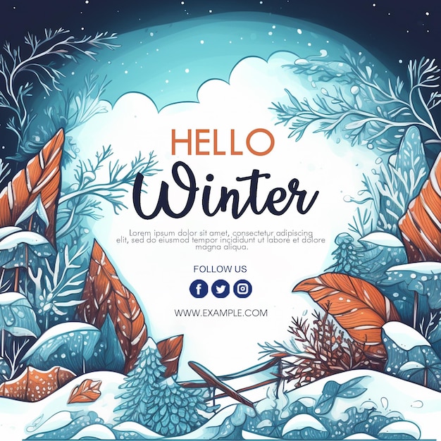 PSD disegno a mano del concetto di hello winter con sfondo invernale e illustrazione del modello di banner invernale