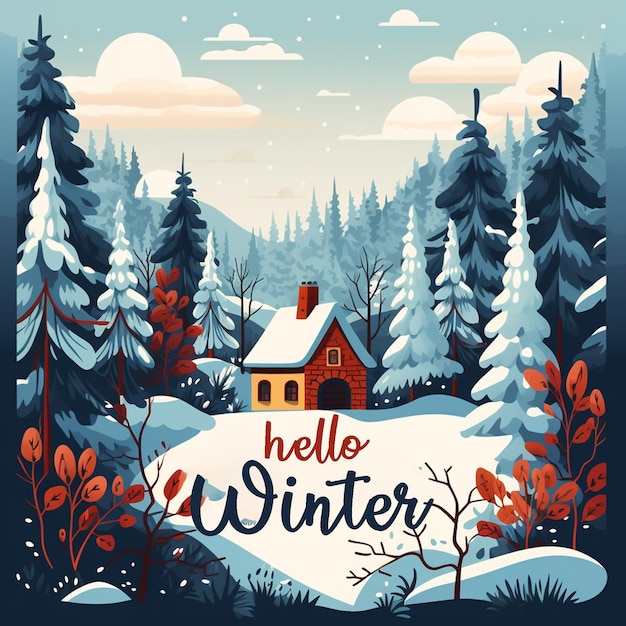 PSD disegno a mano del concetto di hello winter con sfondo invernale e illustrazione del modello di banner invernale