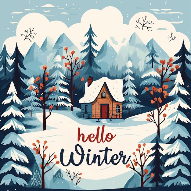 PSD disegno a mano del concetto di hello winter con sfondo invernale e illustrazione del modello di banner invernale