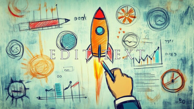 PSD hand drawing rocket launching amidst business sketches