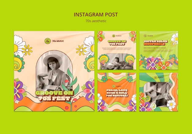 PSD hand drawn 70's aesthetic instagram posts