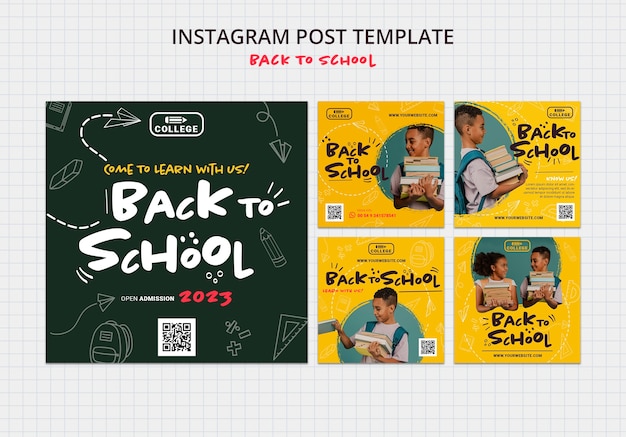 Disegnato a mano di nuovo al set di post di instagram della scuola