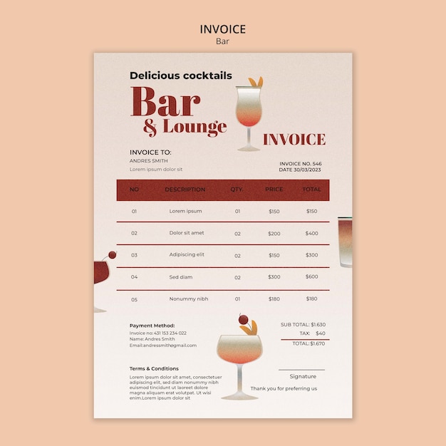 PSD hand drawn bar and lounge invoice template