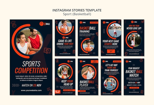 PSD storie di instagram di giochi di basket disegnati a mano