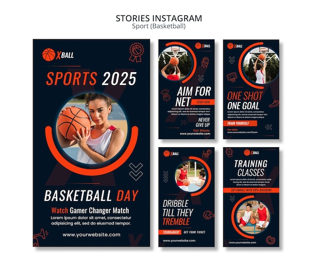 PSD storie di instagram di giochi di basket disegnati a mano