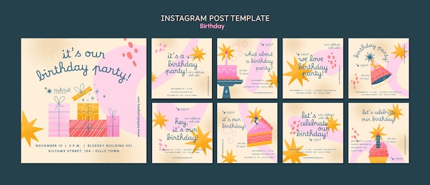 PSD post di instagram per la celebrazione del compleanno disegnati a mano