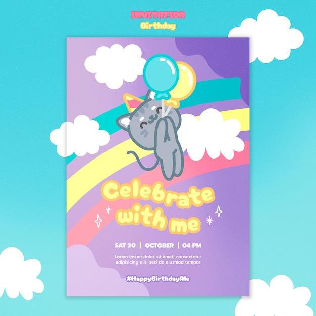 PSD hand drawn birthday celebration invitation template