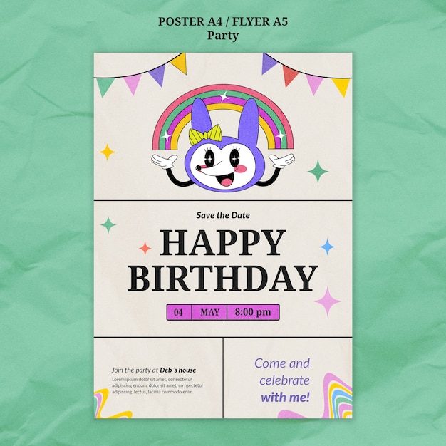 PSD modello di poster festa di compleanno disegnato a mano