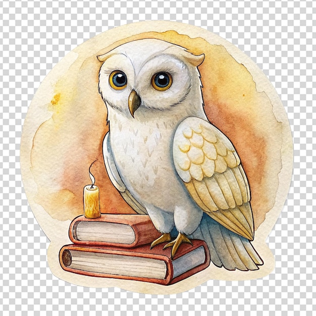 PSD hand drawn books and owl label design with transparent background