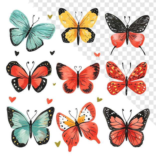 PSD hand drawn butterflies simple flat ink set transparent